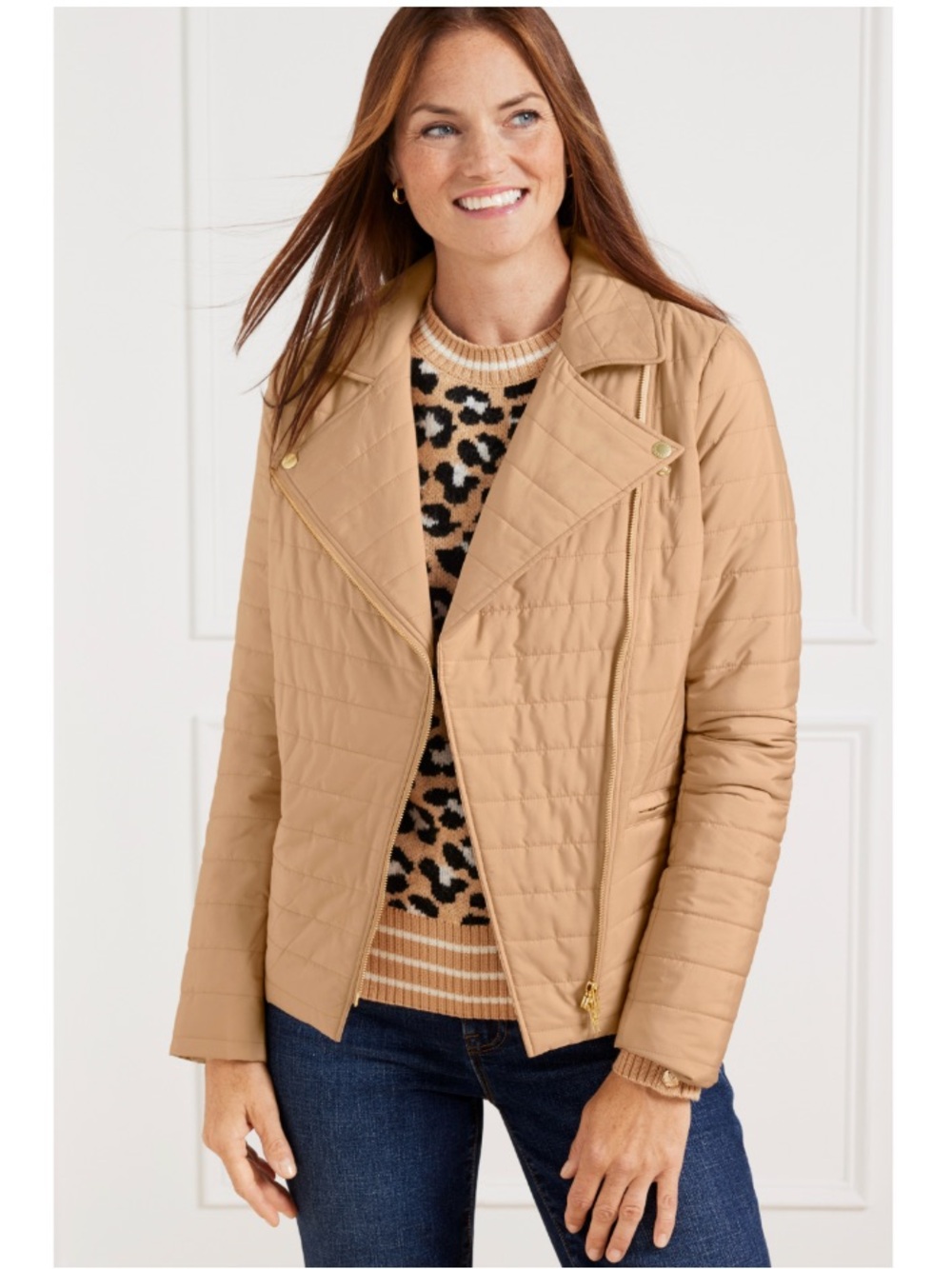Talbots Quilted Moto Softshell Jacket Lightweight Winter Coat Outdoor Tan XL
